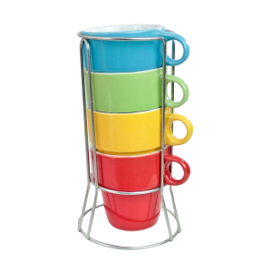 CONJUNTO 4 XICARAS PORCELANA COLORIDAS COM SUPORTE 200ML - 1044