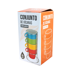 CONJUNTO 4 XICARAS PORCELANA COLORIDAS COM SUPORTE 200ML - 1044