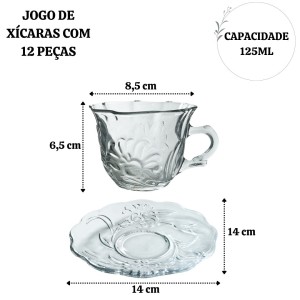 JOGO DE 6 XÍCARAS E 6 PIRES DE VIDRO COM 12 PEÇAS 125ML - BM0386