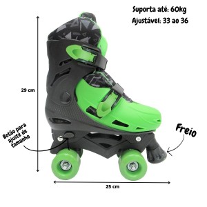 PATINS ROLLER VERDE DE PLÁSTICO AJUSTÁVEL NUMERAÇÃO DO 33 AO 36 - DMR5854M