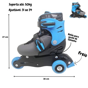 PATINS INLINE AZUL AJUSTÁVEL 2 EM 1 ATE 50KG - DMR5873