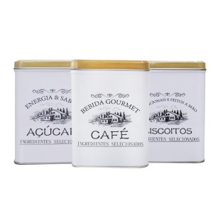 JOGO COM 03 LATAS  DECORATIVAS DE METAL QUADRADA 10.5X10,5X14CM - BF3885A3887-BR