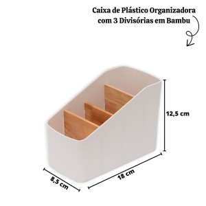 CAIXA DE PLÁSTICO ORGANIZADORA COM 03 DIVISÓRIAS EM BAMBU 8,5X18X12,5CM - OGA07007