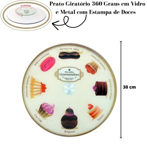 PRATO GIRATORIO 360 GRAUS EM VIDRO E METAL ESTAMPA DOCES 30CM - CA12197A-BEGE