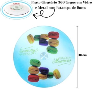 PRATO GIRATORIO 360 GRAUS EM VIDRO E METAL ESTAMPA MACARRONS 30 CM - CA12197A-AZUL