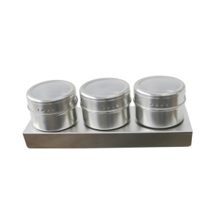 PORTA CONDIMENTOS E TEMPEROS DE INOX 3 POTES E BASE MAGNÉTICA - HU66412