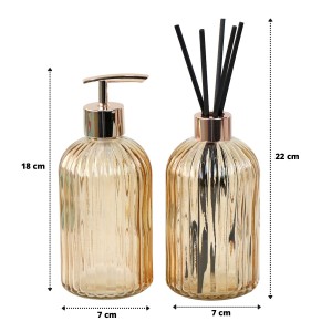 KIT DIFUSOR COM PORTA SABONETE LIQUIDO DE VIDRO EM ALTO RELÊVO 400ML - 96144-AMBAR