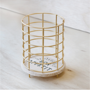 PORTA TALHER DE METAL ARAMADO REDONDO COM BASE EM MADEIRA 16X12CM - FERSC09-DOU