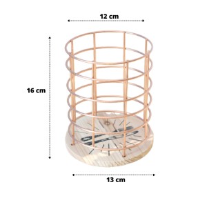 PORTA TALHER DE METAL ARAMADO REDONDO COM BASE EM MADEIRA 16X12CM - FERSC09-GR