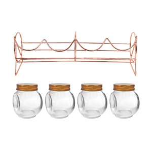 PORTA CONDIMENTO DE VIDRO COM 4 PÇS E SUPORTE ARAMADO - SXJC5116