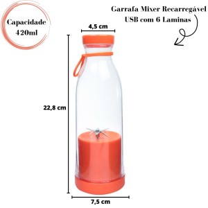 GARRAFA MIXER RECARREGÁVEL USB COM 6 LÂMINAS 420ML - YT2400-LJ
