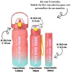 KIT 3 GARRAFAS DE PLÁSTICO MOTIVACIONAL 1500ML, 700ML, 300ML - CA09800-MR
