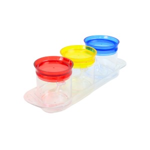 PORTA CONDIMENTO DE PLASTICO COM 03 PEÇAS E TAMPAS COLORIDAS E COLHER INDIVIDUAL-CA09076