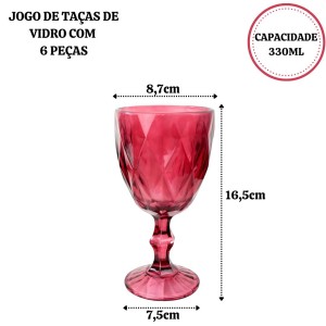 JOGO DE TAÇAS DE VIDRO VERMELHO COM 6 PEÇAS 330ML- CA16183-VM