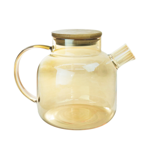 CHALEIRA DE VIDRO ÂMBAR COM TAMPA DE BAMBU  - DT8455