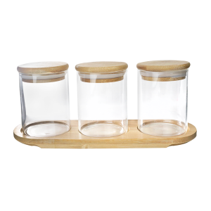 JOGO COM 3 POTES HERMÉTICOS DE VIDRO COM TAMPA E BANDEJA DE BAMBU - DT24342