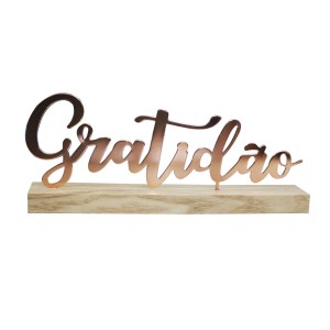 ENFEITE DECORATIVO ARAMADO COM BASE DE MADEIRA FRASE GRATIDÃO 26.5X4X11CM - 2004-A