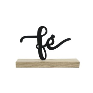 ENFEITE DECORATIVO ARAMADO COM BASE DE MADEIRA PALAVRA FÉ - 2001-A