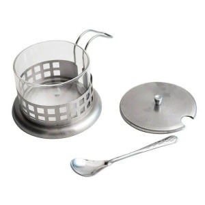 AÇUCAREIRO COM COLHER EM METAL E VIDRO DE  200 ML - 3822-Q