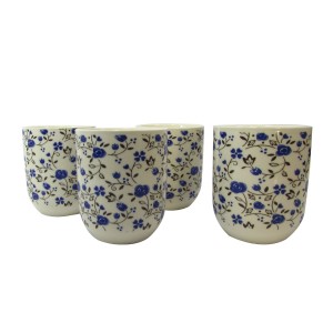 CONJUNTO DE 04 CANECAS ORIENTAL PARA CHÁ DE PORCELANA 150ML (CADA)  ESTAMPA FLORAL - CN30A-BR/AZ