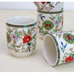 CONJUNTO DE 04 CANECAS ORIENTAL PARA CHÁ DE PORCELANA 150ML (CADA)  ESTAMPA FLORAL - CN30B-D