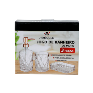 JOGO DE BANHEIRO DE VIDRO  EM ALTO RELÊVO COM 3 PEÇAS 420 ML - 3410