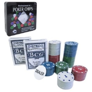 JOGO DE FICHAS PARA POKER 100 FICHAS PLASTICO NA LATA 02 JOGOS DE BARALHO - IM42054
