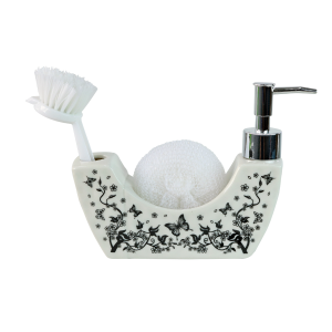 KIT PORTA SABONETE LÍQUIDO DE PORCELANA COM ESCOVA E ESPONJA - JRB21812-A