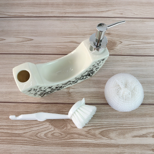 KIT PORTA SABONETE LÍQUIDO DE PORCELANA COM ESCOVA E ESPONJA - JRB21812-A