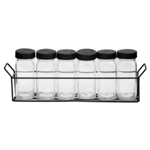 PORTA CONDIMENTO DE VIDRO COM SUPORTE ARAMADO PRETO 100 ML CADA POTE - VDA06037