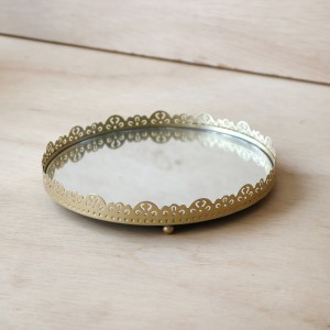 BANDEJA ESPELHADA REDONDA DE METAL COM BASE AVELUDADA 17.5CM - CZ19594