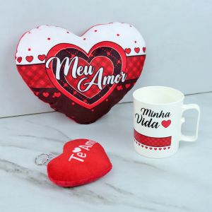 KIT PRESENTE CANECA PLÁSTICO 400ML,CORAÇÃO, MINI CORAÇÃO VENTOSA/CHAVEIRO - FC2778-A