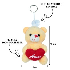 MINI URSINHO DE PELÚCIA CHAVEIRO / VENTOSA COM CORAÇÃO 10CM - FC2780-CARAMELO