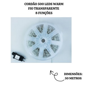 CORDÃO 500 LEDS WARM FIO TRANSPARENTE 8 FUNÇÕES USO EXTERNO IP44 - 32008