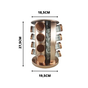PORTA TEMPERO DE VIDRO GIRATÓRIO COBRE REDONDO COM SUPORTE 16 PÇS - BF4069