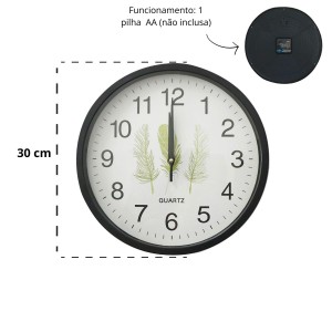 RELOGIO DE PAREDE DE PLÁSTICO 30CM COM A ESTAMPA DE FOLHAGENS - 2569-PT