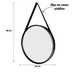 ESPELHO DE PAREDE REDONDO 33CM COM ALÇA EM COURO SINTÉTICO - HJ68429-PT