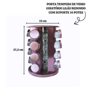 PORTA TEMPERO DE VIDRO GIRATÓRIO LILÁS REDONDO COM SUPORTE 16 PÇS - BF4072