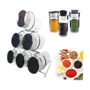 PORTA CONDIMENTO EM VIDRO E TAMPA CROMADA EM PLÁSTICO COM 6 PEÇAS - VDA04040