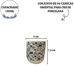 CONJUNTO DE 04 CANECAS ORIENTAL PARA CHÁ DE PORCELANA 150ML (CADA)  ESTAMPA FLORAL - CN30A-BR/AZ