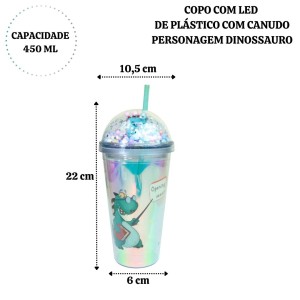COPO COM LED PLÁSTICO E CANUDO PERSONAGEM DINOSSAURO 450ML - GDR0960-B