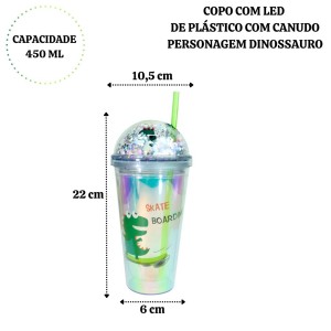 COPO COM LED PLÁSTICO E CANUDO PERSONAGEM DINOSSAURO 450ML - GDR0960-D