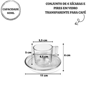 CONJUNTO DE XÍCARA E PIRES EM VIDRO TRANSPARENTE PARA CAFE 60ML - VDA09102