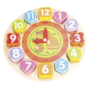 BRINQUEDO DIDÁTICO DE MADEIRA RELÓGIO EM ESTAMPA DE GIRAFAS COM 13 PEÇAS - DMT5736-G